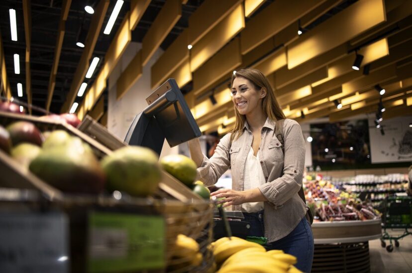 Woman at supermarket using self service digital scale to measure the weight of fruit.